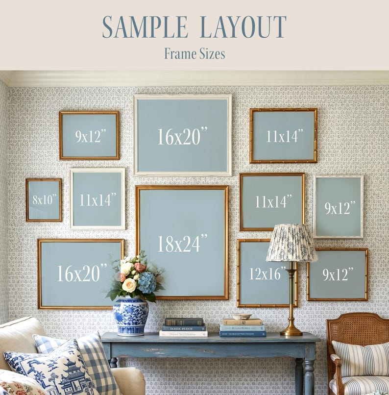 May include: A wall display featuring various framed art pieces in different sizes, including 8x10 inches, 9x12 inches, 11x14 inches, 12x16 inches, 16x20 inches, and 18x24 inches. The frames have gold and white finishes, and the art has a light blue background.