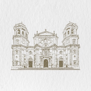 May include: A detailed architectural illustration of a cathedral, rendered in a sepia tone. The image showcases the building's symmetrical facade, featuring two bell towers, arched windows, and ornate detailing. The artwork is set against a textured, off-white background.
