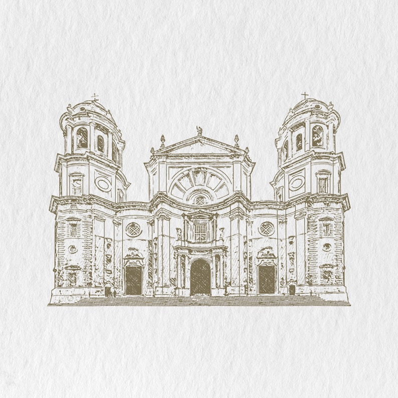 May include: A detailed architectural illustration of a cathedral, rendered in a sepia tone. The image showcases the building's symmetrical facade, featuring two bell towers, arched windows, and ornate detailing. The artwork is set against a textured, off-white background.
