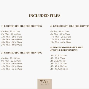 May include: A document listing the included files for printing, with different aspect ratios and standard paper sizes. The document includes measurements in inches and centimeters.