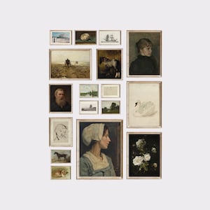 May include: A gallery wall with a variety of framed artwork, including landscapes, portraits, and still lifes. The frames are all in a similar style, with a simple, elegant design.