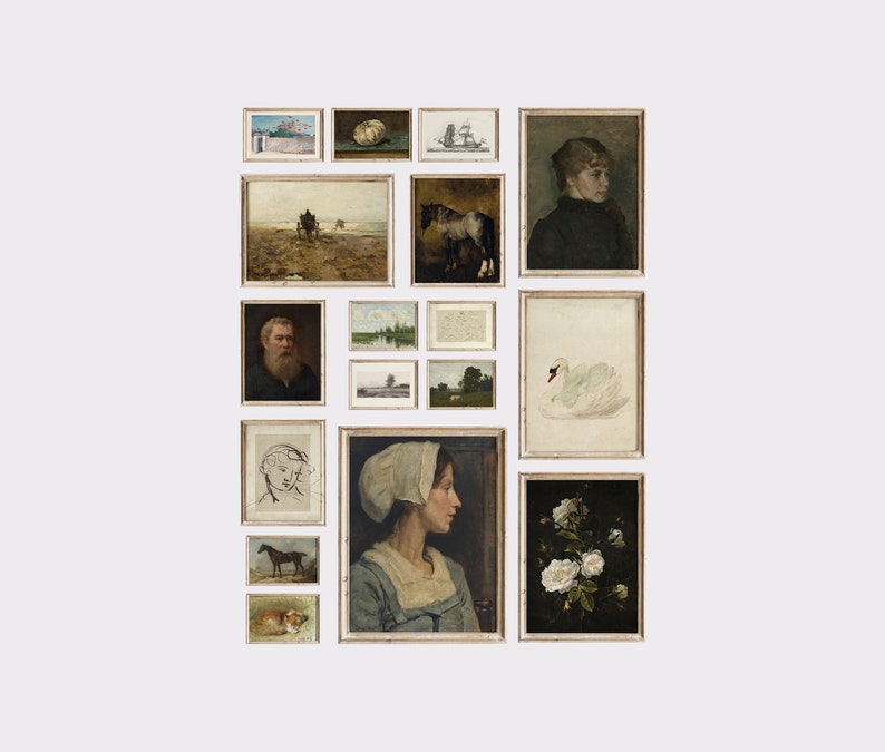 May include: A gallery wall with a variety of framed artwork, including landscapes, portraits, and still lifes. The frames are all in a similar style, with a simple, elegant design.