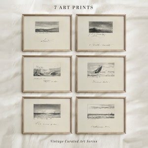 Kustschetsen set van 6, galerij muur print set, zeegezicht schets, vintage neutrale tekeningen kunst, digitale download, 7 ART PRINTS