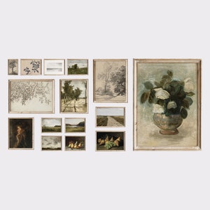 May include: A gallery wall of framed prints featuring various landscapes, still life, and abstract art. The prints are in a variety of sizes and styles, and are arranged in a symmetrical pattern on a white wall.