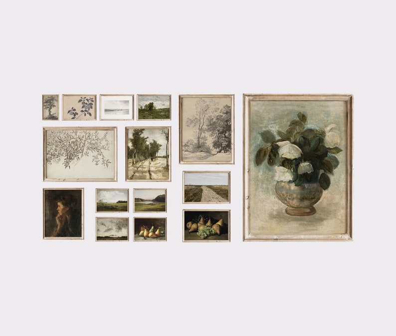 May include: A gallery wall of framed prints featuring various landscapes, still life, and abstract art. The prints are in a variety of sizes and styles, and are arranged in a symmetrical pattern on a white wall.