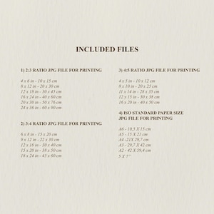 May include: A beige digital print file with the text "INCLUDED FILES" at the top. The image lists file sizes for printing in 2:3, 3:4, and 4:5 ratios, as well as ISO standard paper sizes, with measurements in inches and centimeters.