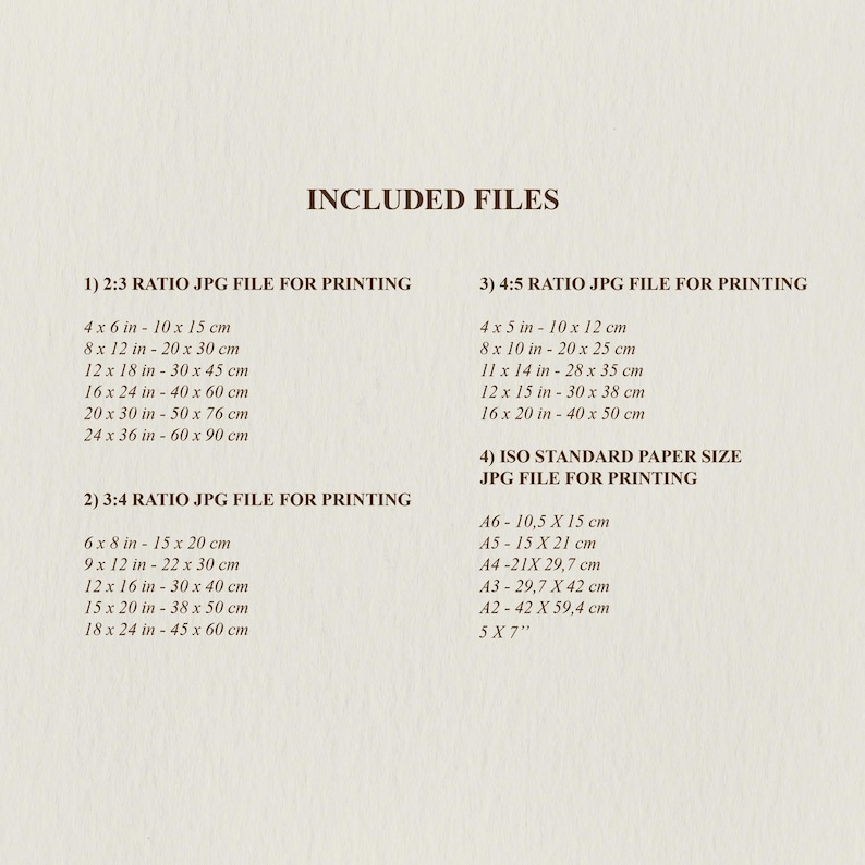 May include: A beige digital print file with the text "INCLUDED FILES" at the top. The image lists file sizes for printing in 2:3, 3:4, and 4:5 ratios, as well as ISO standard paper sizes, with measurements in inches and centimeters.