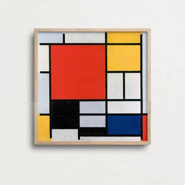 Piet Mondrian art print, Square Abstract Wall Art, Modern Painting, Blue, Red, Yellow, Black Line, Expressionist Poster, Printable Art Print