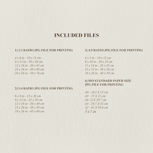 May include: A list of different image file sizes and ratios for printing, including 2:3, 3:4, and 4:5 ratios, as well as standard ISO paper sizes. The sizes are listed in inches and centimetres.