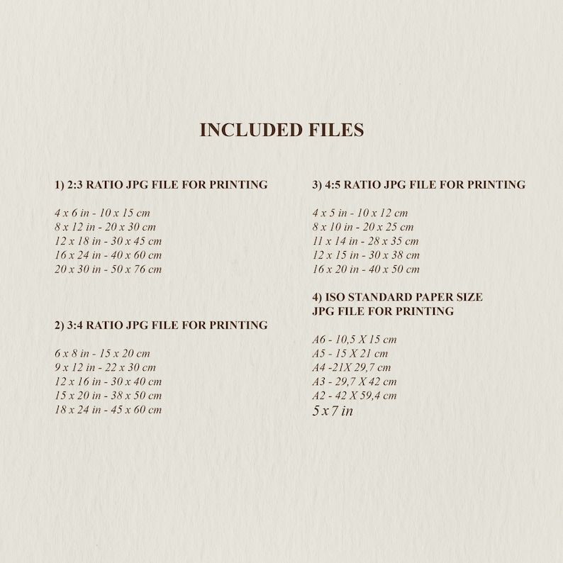 May include: A list of different image file sizes and ratios for printing, including 2:3, 3:4, and 4:5 ratios, as well as standard ISO paper sizes. The sizes are listed in inches and centimetres.