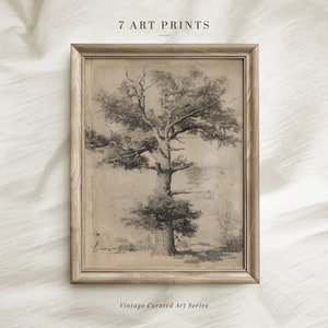Vintage Tree Sketch Print, Tree Wall Art, Neutral Etching, Antique Nature Drawing, Rustic Moody Home Decor, Digital Download