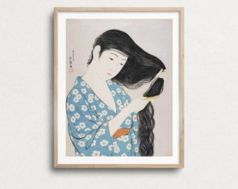 Woman woodblock print, Japanese poster, Blue dress, Goyō Hashiguchi, vintage Woman, Combing Her Hair, wall art decor, wall decor, home decor