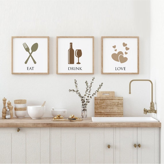 Kitchen Print Set of 3, Kitchen Decor, Kitchen Wall Art, Eat Drink Love,  Kitchen Prints, Wall Decor, Housewarming Gift, Minimal Kitchen Art 