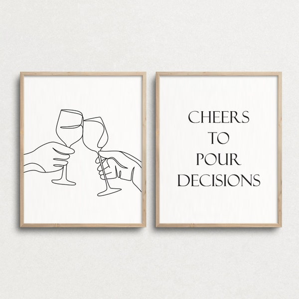 Cheers Wine Art Prints Set: Black and White Bar Cart Decor (Digital Download)
