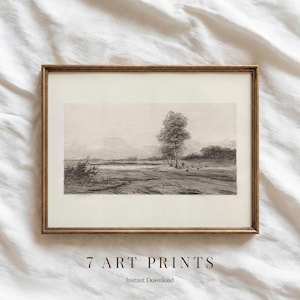 Vintage landschapsschets: neutrale antieke ets (digitale download)