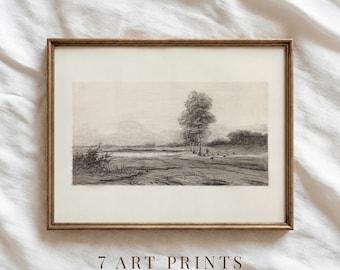 Vintage Landscape Sketch Print: Neutral Antique Etching (Digital Download)