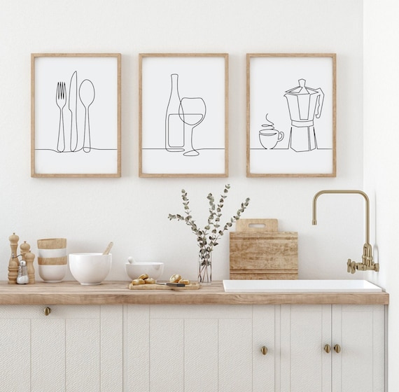 Kitchen Wall Art Set of 3, Line Drawing Kitchen Prints, Housewarming Gift, Food Drink Print, Dining Room Wall Decor, Kitchen Decor - Etsy Brighten up your kitchen with this set of 3 line drawing kitchen prints, perfect for adding a touch of modern flair to your space. These stylish prints make a great housewarming gift or a treat for yourself, bringing a fun and contemporary vibe to your dining room wall decor. Available on Etsy, these kitchen decor wall art pieces are sure to be a conversation starter in any home.