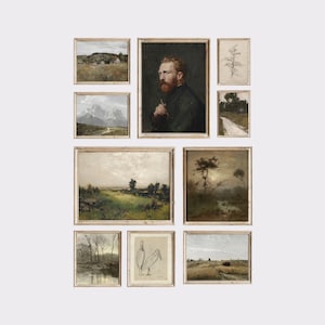 May include: A gallery wall featuring nine framed prints, including landscapes, portraits, and abstract art. The frames are all in a similar style, with a light wood finish.