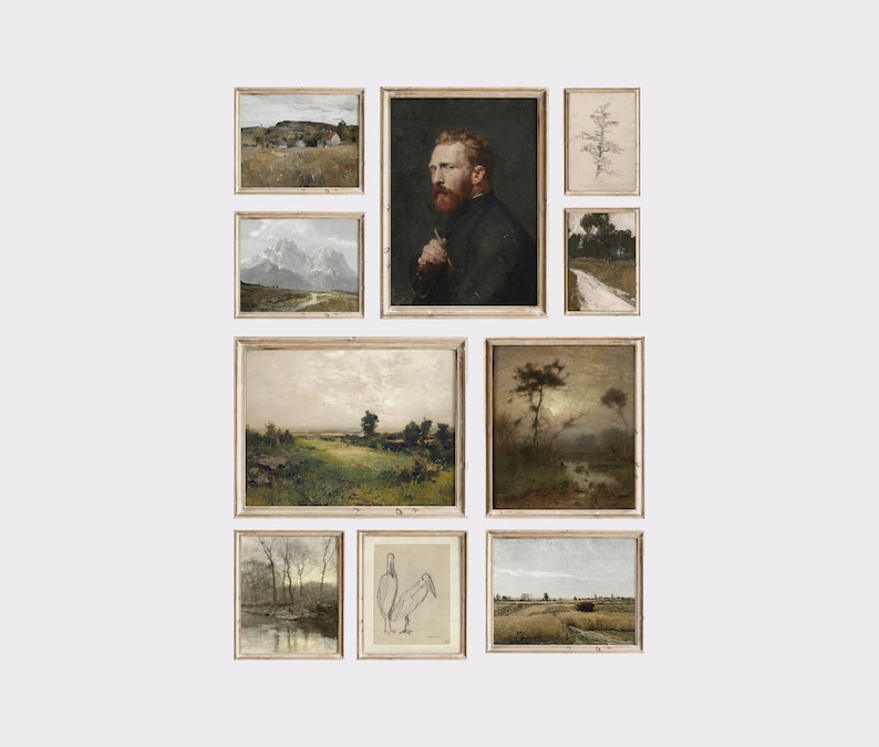 May include: A gallery wall featuring nine framed prints, including landscapes, portraits, and abstract art. The frames are all in a similar style, with a light wood finish.
