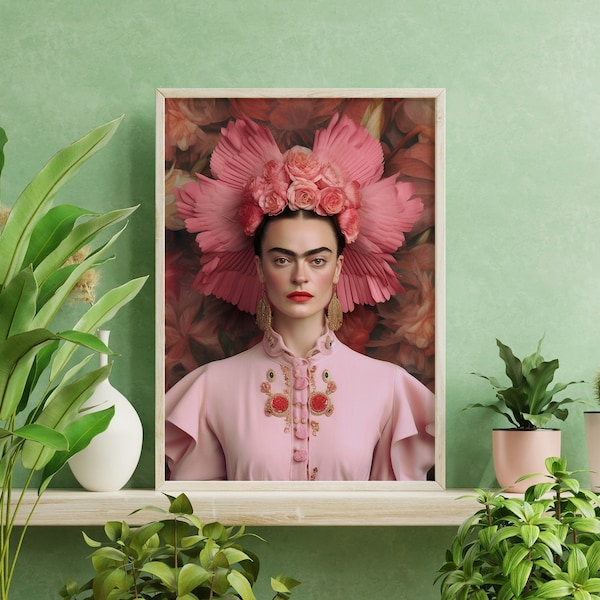 Frida Kahlo Portrait Print, Frida Khalo Wall Art, Feminist Gift, Girl Power, Pink Boho Home Decor, DIGITAL DOWNLOAD