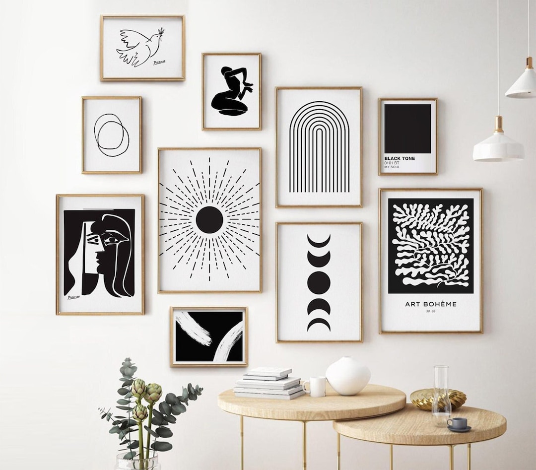 Black and White Wall Art, Modern Gallery Wall Set of 10, Sun Moon