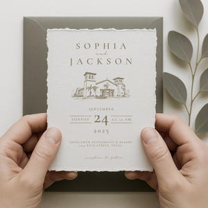May include: A wedding invitation with the names "SOPHIA and JACKSON" in a serif font. The invitation includes a sketch of a building, the date "SEPTEMBER 24, 2025", and the time "AT 10 AM". The invitation is held by hands.