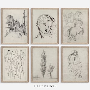 Neutral Sketch Print Set / Vintage Beige Wall Art Set of SIX / Printable Gallery Wall Set