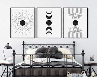 Black and white Above Bed Decor, Sun Moon Rainbow Print Set of 3, Printable Wall Art, Bedroom Print Set, Bedroom Wall Decor Over the Bed