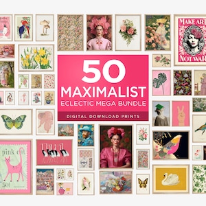 May include: A collage of 50 digital printable art prints in a variety of styles, including floral, animal, and abstract designs. The prints are arranged in a grid pattern and are framed in a simple, modern style. The text "50 Maximalist Eclectic Mega Bundle Digital Download Prints" is displayed in the center of the collage.
