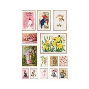 May include: A collection of 12 framed prints featuring various floral and animal illustrations. The prints are in a variety of colors and styles, including a print of a woman with a butterfly, a print of two parrots, a print of a mushroom, a print of a bouquet of flowers, a print of a couple in a garden, a print of a floral pattern, a print of a woman in a kimono, and a print of a potted plant.