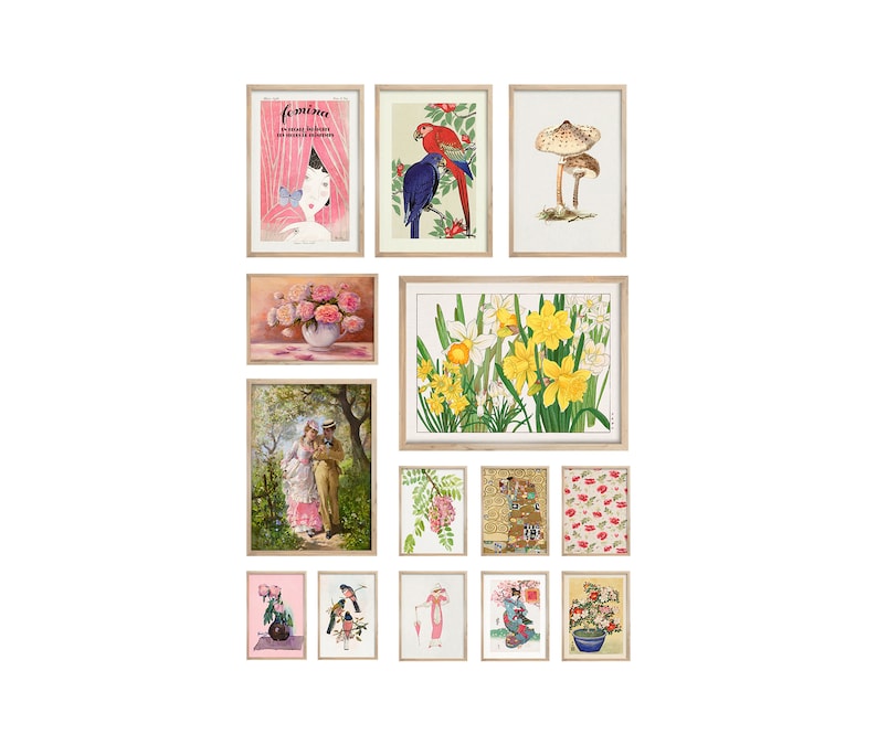 May include: A collection of 12 framed prints featuring various floral and animal illustrations. The prints are in a variety of colors and styles, including a print of a woman with a butterfly, a print of two parrots, a print of a mushroom, a print of a bouquet of flowers, a print of a couple in a garden, a print of a floral pattern, a print of a woman in a kimono, and a print of a potted plant.