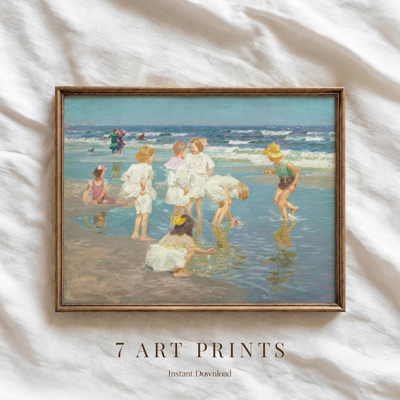 May include: A framed art print depicts children playing at the beach. The artwork features a vintage style with soft colors, including blues, greens, and tans. Several children are in the water and on the sand. The text "7 ART PRINTS" and "Instant Download" are at the bottom.