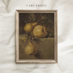 Dark Moody Still Life, Vintge Pears Print, Fruit Painting, Rustic Farmhouse Kitchen Wall Art, Antique Kitchen Decor, Printable Wall Art
