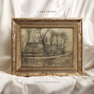 Vintage Farmhouse Sketch Print: Dark Moody Charcoal Etching (Digital Download)