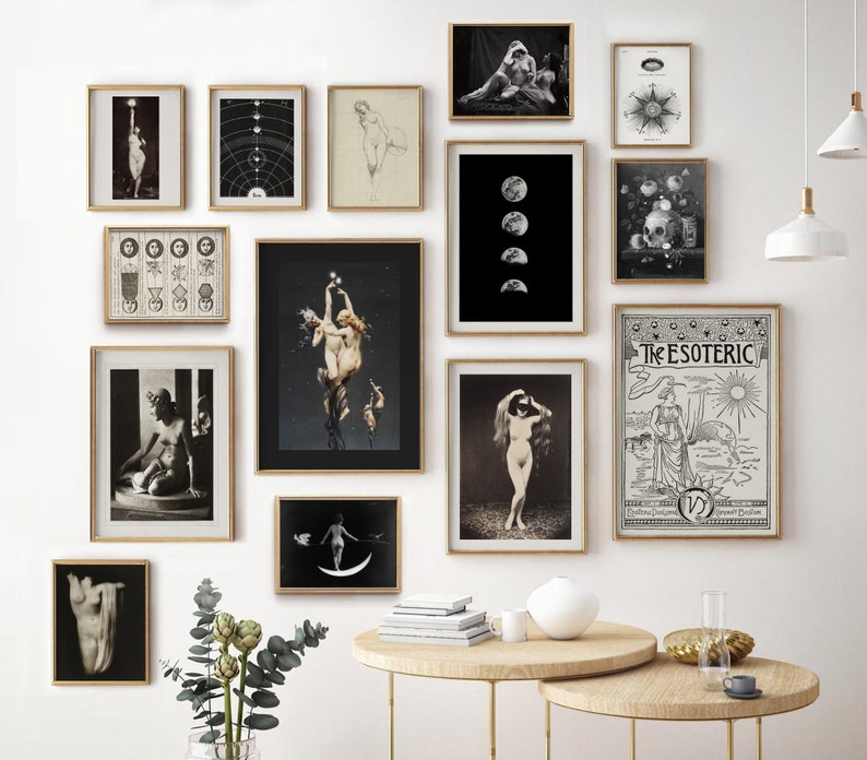 Witchy Gallery Wall Art Set of 14, Astrology, Moon Phases, Nude Women Art, Gothic Art, Sepia Pagan, Gothic Skull, Vintage Photograph