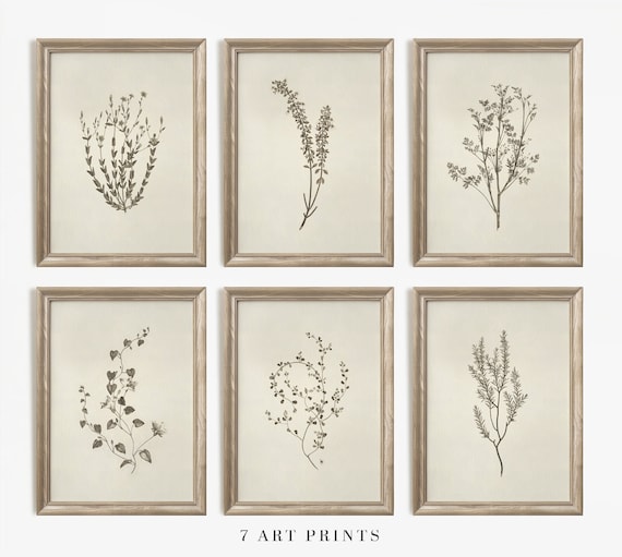 Botanical Prints Gallery Wall Set: Vintage Beige Floral Art 
