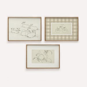 May include: Three framed black and white illustrations. The first shows a group of lambs lying down. The second shows a bicycle with a person riding it. The third shows a group of rabbits sitting together.