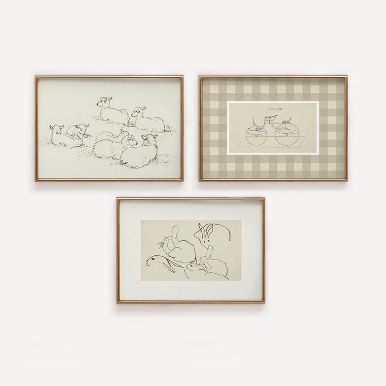 May include: Three framed black and white illustrations. The first shows a group of lambs lying down. The second shows a bicycle with a person riding it. The third shows a group of rabbits sitting together.