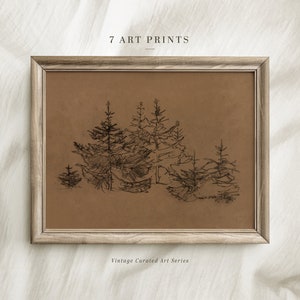 Moody Christmas Print, Vintage Pine Tree Sketch,Brown Tones, Winter Wall Art, Farmhouse Decor, Home Decor, Digital Download