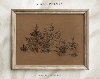 Op de afbeelding: Een ingelijste print van een vintage lijntekening van een groep bomen op een bruine achtergrond. De print is getiteld "7 Art Prints" en "Vintage Curated Art Series".
