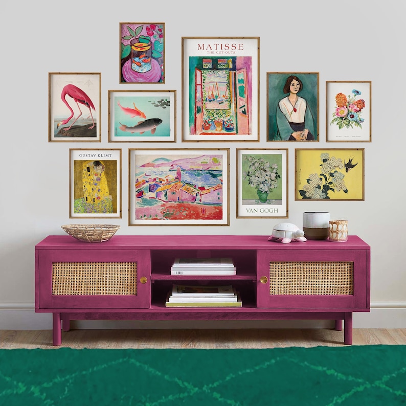 Eclectic Gallery Wall Print Set, Set van 10, Levendige Wall Art, Henri Matisse, Gustav Klimt, Van Gogh, Bloemen, Roze & Groene Tinten, Wanddecor afbeelding 1