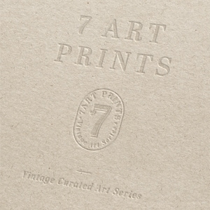 May include: Close-up of a textured, light brown paper surface with embossed text. The words "7 ART PRINTS" are at the top, with a circular logo below that reads "7 ART PRINTS Vintage Art Series". The text "Vintage Curated Art Series" is at the bottom.