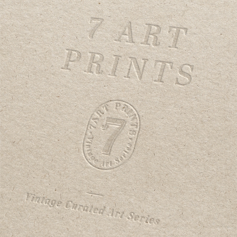 May include: Close-up of a textured, light brown paper surface with embossed text. The words "7 ART PRINTS" are at the top, with a circular logo below that reads "7 ART PRINTS Vintage Art Series". The text "Vintage Curated Art Series" is at the bottom.