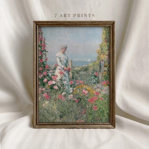 Antique Watercolor Flower Print: Farmhouse Cottage Landscape (Digital Download)