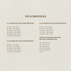 Puede incluir: Una lista de diferentes tama&ntilde;os y proporciones de archivos JPG incluidos en una descarga digital para imprimir. Los tama&ntilde;os se indican en pulgadas y cent&iacute;metros. Las proporciones son 2:3, 3:4 y 4:5. La lista tambi&eacute;n incluye tama&ntilde;os de papel est&aacute;ndar en cent&iacute;metros, como A6, A5, A4, A3 y A2.