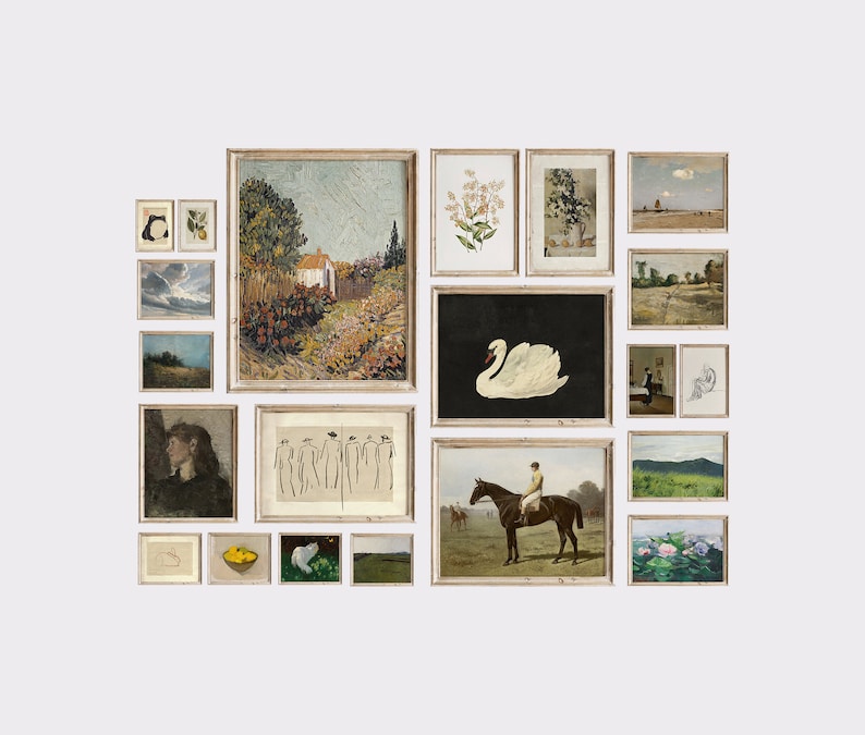 May include: A gallery wall with a variety of framed artwork, including landscapes, still lifes, and abstract pieces. The frames are all in a similar style, with a light wood finish.