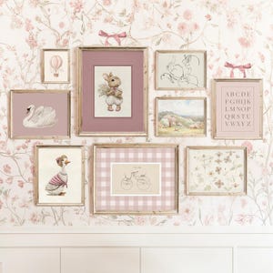 ピンクの子供部屋アートセット：ヴィンテージ風キッズルームデコレーション（デジタルダウンロード）