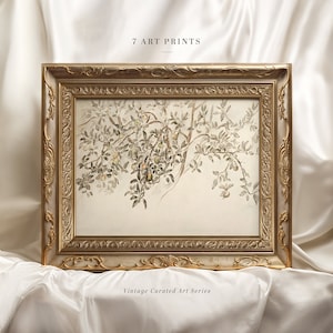 May include: A vintage-style gold frame with a watercolour painting of a tree branch with green leaves and small white fruits. The text "7 ART PRINTS" is above the frame and "Vintage Curated Art Series" is below the frame.