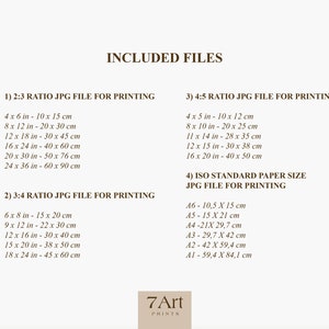 May include: A document listing the included files for printing, with different aspect ratios and standard paper sizes. The document includes measurements in inches and centimeters.