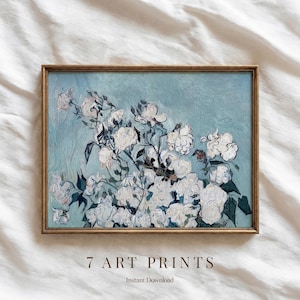 May include: A framed art print featuring a floral still life with white roses against a light blue background. The artwork has a vintage aesthetic. The text "7 ART PRINTS" and "Instant Download" are at the bottom.